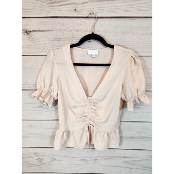 Topshop Womens Cream Solid Rushed V-Neck Short Puff Sleeve Cropped Blouse Size 2 - Picture 1 of 6